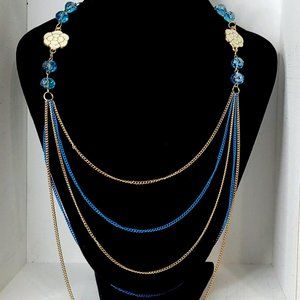 **SALE** 3/20.00 LONG MULTI-LAYER FASHION NECKLACE BLUE GOLD CREAM FLOWERS 31"